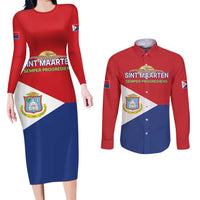 Personalized Sint Maarten Flag day Couples Matching Long Sleeve Bodycon Dress and Long Sleeve Button Shirt Semper progrediens Flag Style