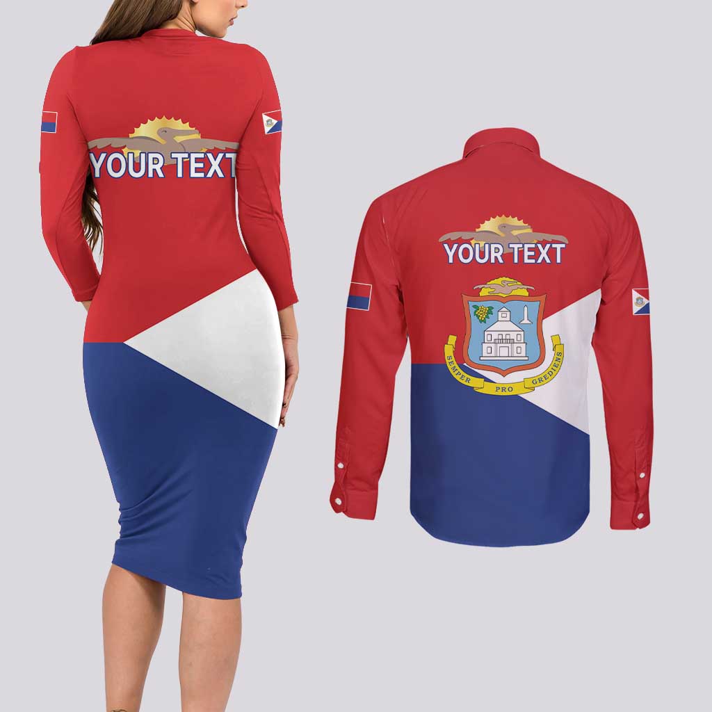 Personalized Sint Maarten Flag day Couples Matching Long Sleeve Bodycon Dress and Long Sleeve Button Shirt Semper progrediens Flag Style
