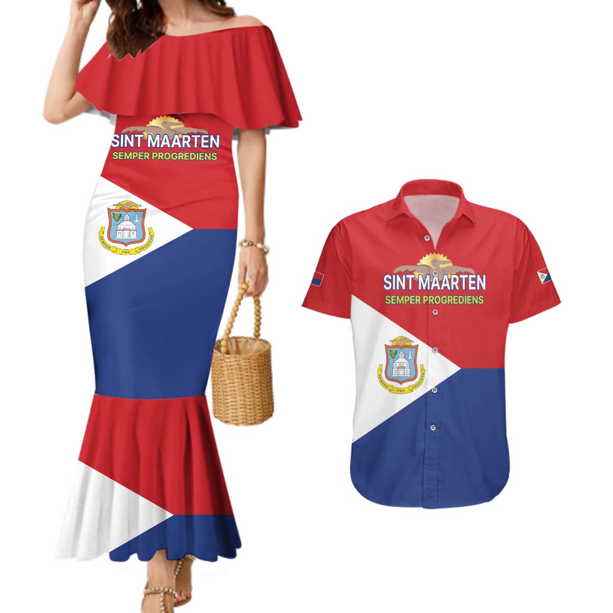 Personalized Sint Maarten Flag day Couples Matching Mermaid Dress and Hawaiian Shirt Semper progrediens Flag Style