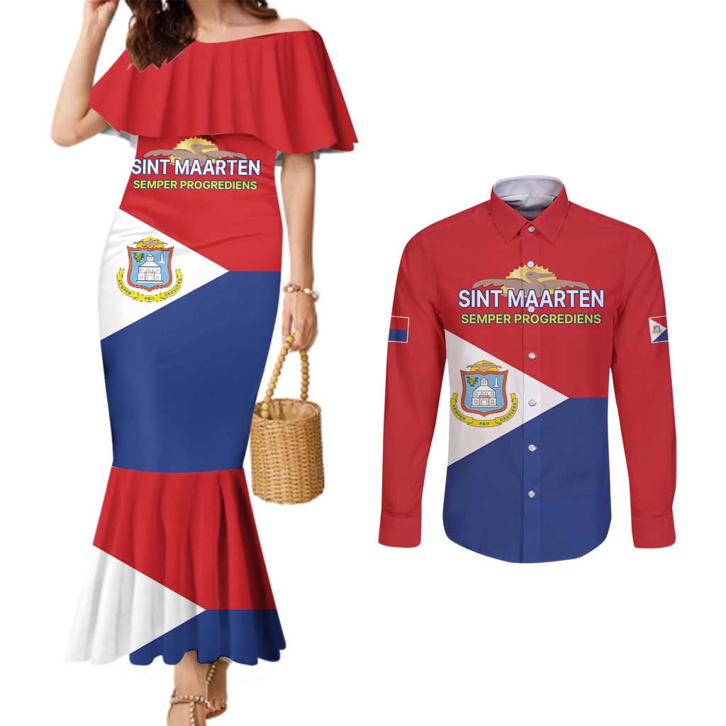 Personalized Sint Maarten Flag day Couples Matching Mermaid Dress and Long Sleeve Button Shirt Semper progrediens Flag Style