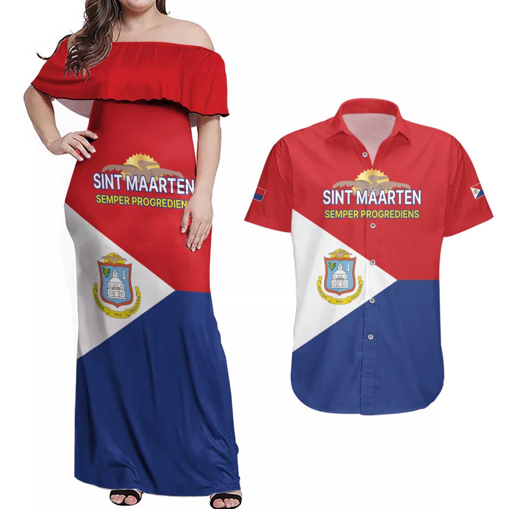 Personalized Sint Maarten Flag day Couples Matching Off Shoulder Maxi Dress and Hawaiian Shirt Semper progrediens Flag Style