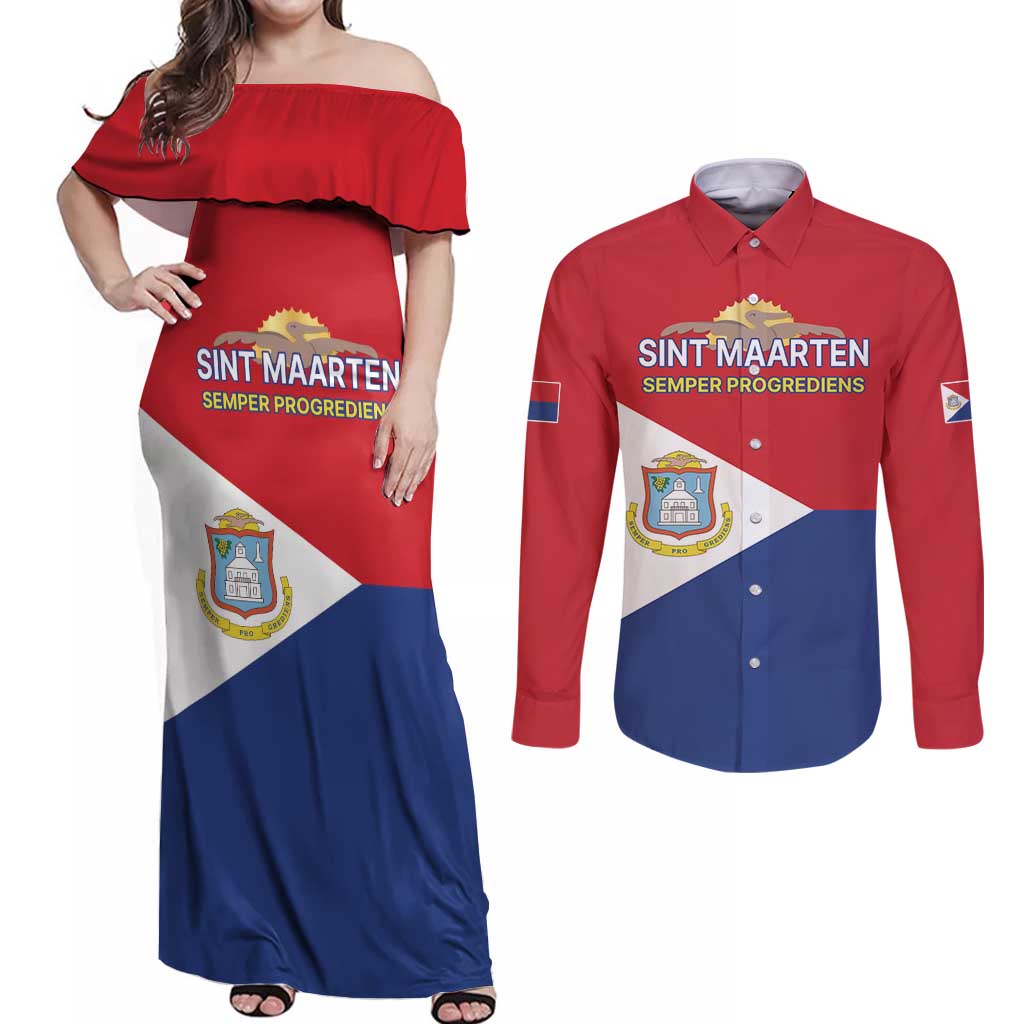 Personalized Sint Maarten Flag day Couples Matching Off Shoulder Maxi Dress and Long Sleeve Button Shirt Semper progrediens Flag Style