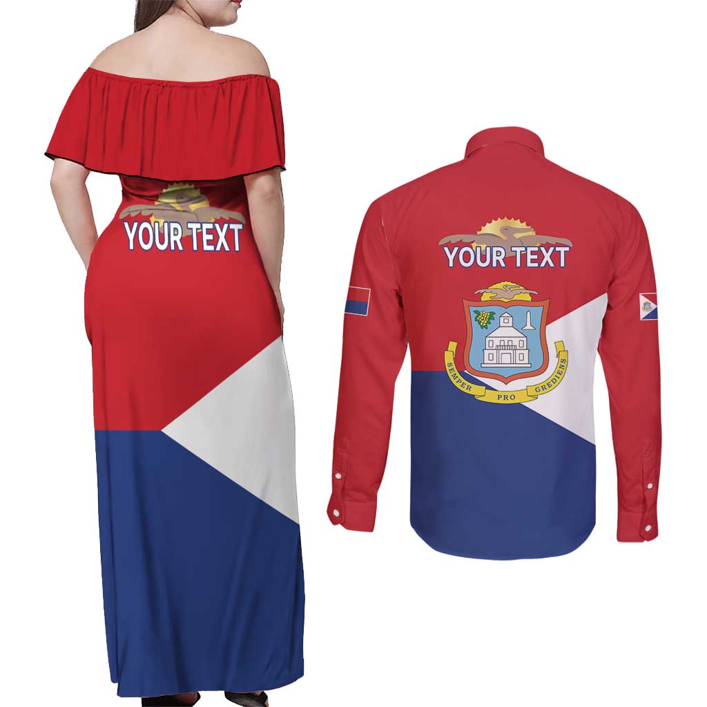 Personalized Sint Maarten Flag day Couples Matching Off Shoulder Maxi Dress and Long Sleeve Button Shirt Semper progrediens Flag Style