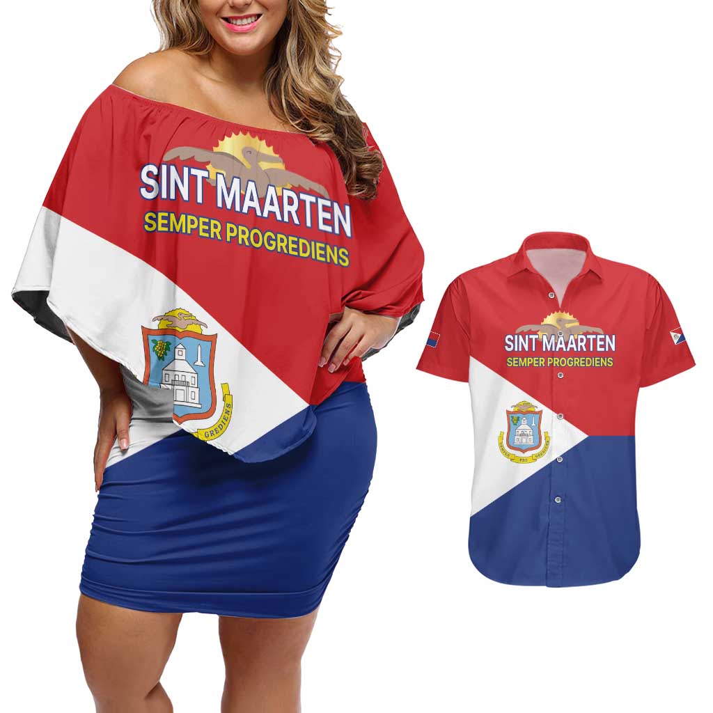 Personalized Sint Maarten Flag day Couples Matching Off Shoulder Short Dress and Hawaiian Shirt Semper progrediens Flag Style