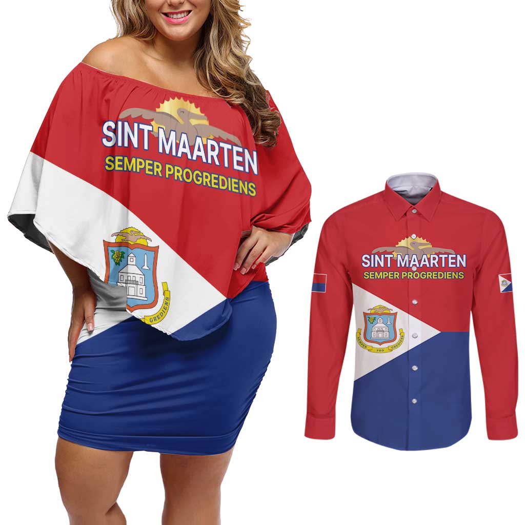Personalized Sint Maarten Flag day Couples Matching Off Shoulder Short Dress and Long Sleeve Button Shirt Semper progrediens Flag Style