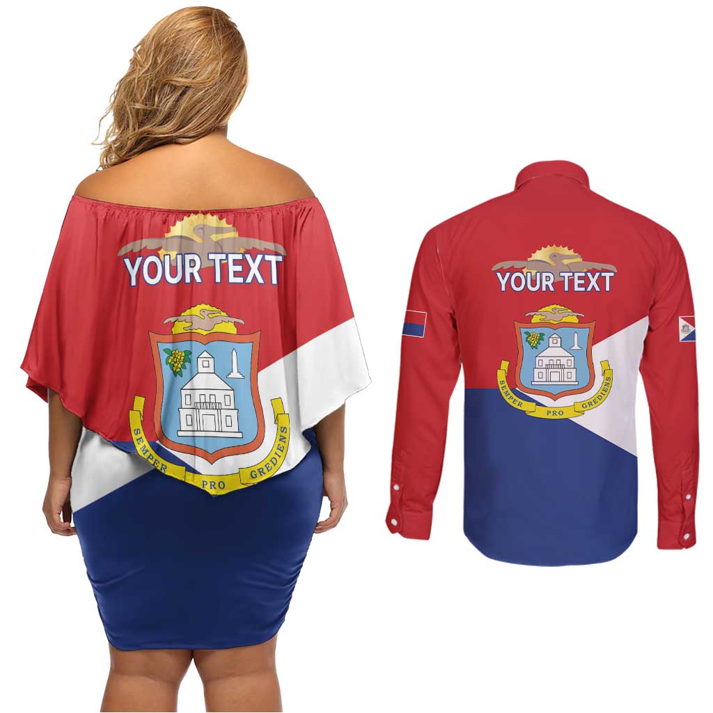 Personalized Sint Maarten Flag day Couples Matching Off Shoulder Short Dress and Long Sleeve Button Shirt Semper progrediens Flag Style