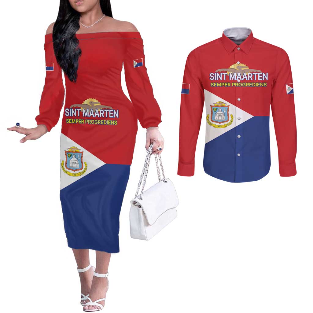 Personalized Sint Maarten Flag day Couples Matching Off The Shoulder Long Sleeve Dress and Long Sleeve Button Shirt Semper progrediens Flag Style