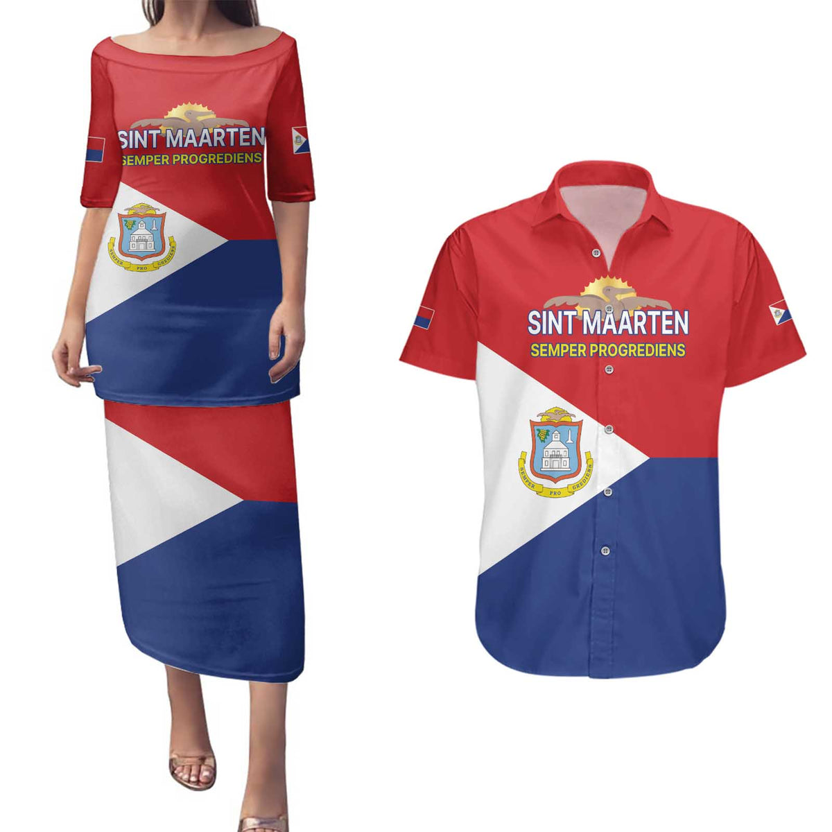 Personalized Sint Maarten Flag day Couples Matching Puletasi and Hawaiian Shirt Semper progrediens Flag Style