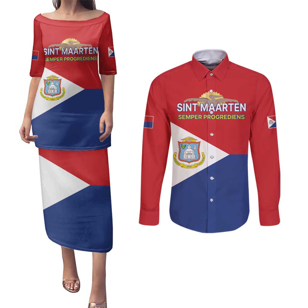 Personalized Sint Maarten Flag day Couples Matching Puletasi and Long Sleeve Button Shirt Semper progrediens Flag Style