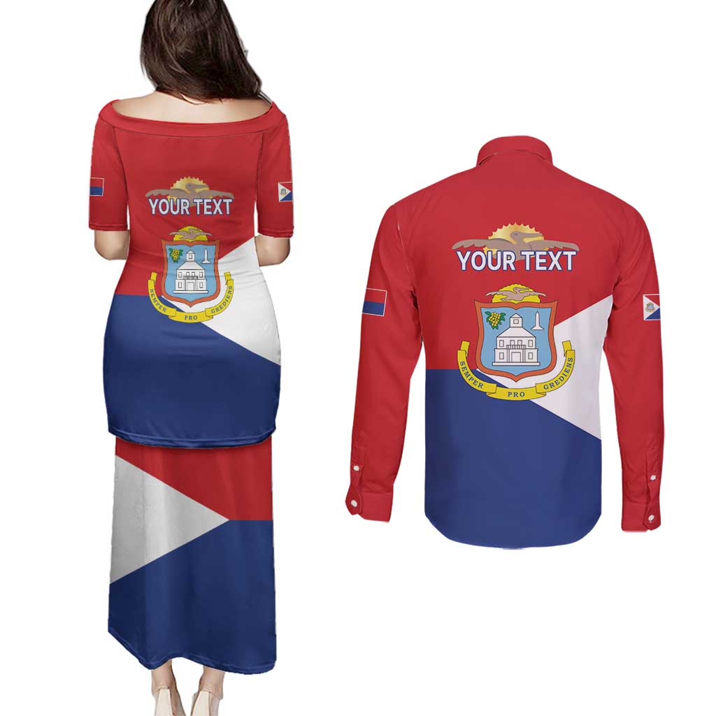 Personalized Sint Maarten Flag day Couples Matching Puletasi and Long Sleeve Button Shirt Semper progrediens Flag Style