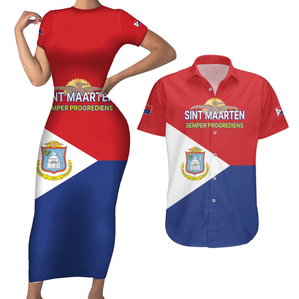 Personalized Sint Maarten Flag day Couples Matching Short Sleeve Bodycon Dress and Hawaiian Shirt Semper progrediens Flag Style