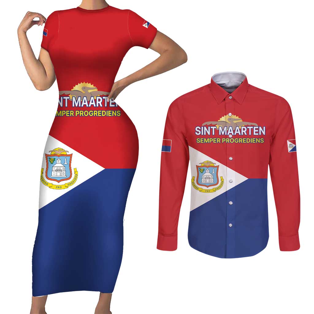 Personalized Sint Maarten Flag day Couples Matching Short Sleeve Bodycon Dress and Long Sleeve Button Shirt Semper progrediens Flag Style
