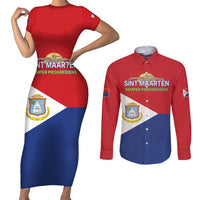 Personalized Sint Maarten Flag day Couples Matching Short Sleeve Bodycon Dress and Long Sleeve Button Shirt Semper progrediens Flag Style