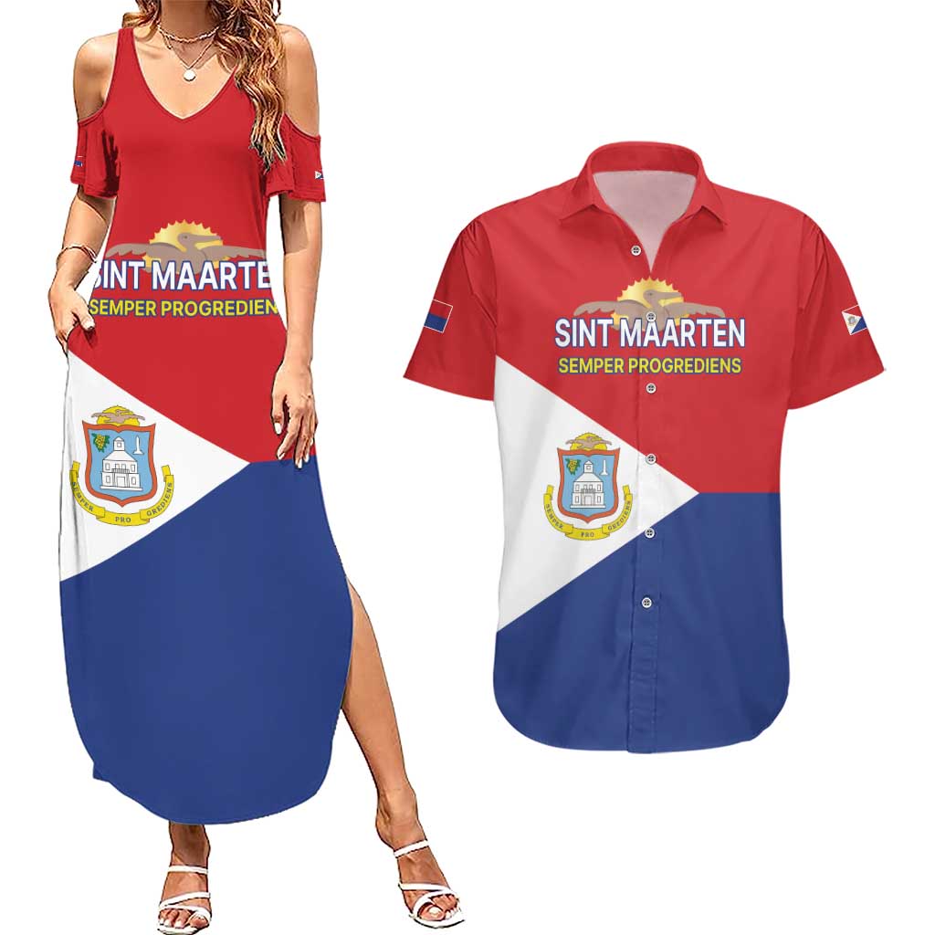 Personalized Sint Maarten Flag day Couples Matching Summer Maxi Dress and Hawaiian Shirt Semper progrediens Flag Style