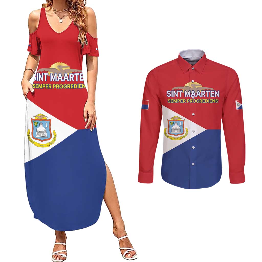 Personalized Sint Maarten Flag day Couples Matching Summer Maxi Dress and Long Sleeve Button Shirt Semper progrediens Flag Style