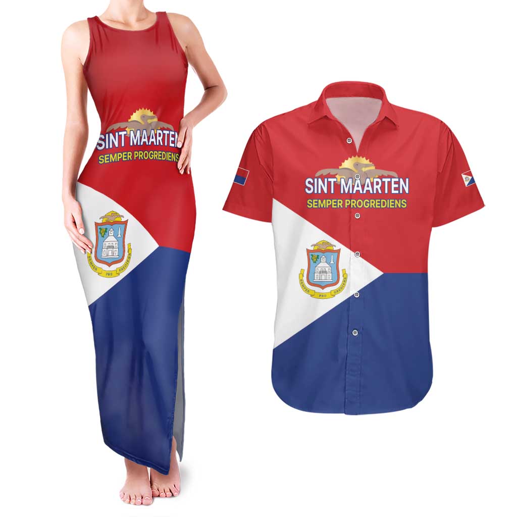Personalized Sint Maarten Flag day Couples Matching Tank Maxi Dress and Hawaiian Shirt Semper progrediens Flag Style