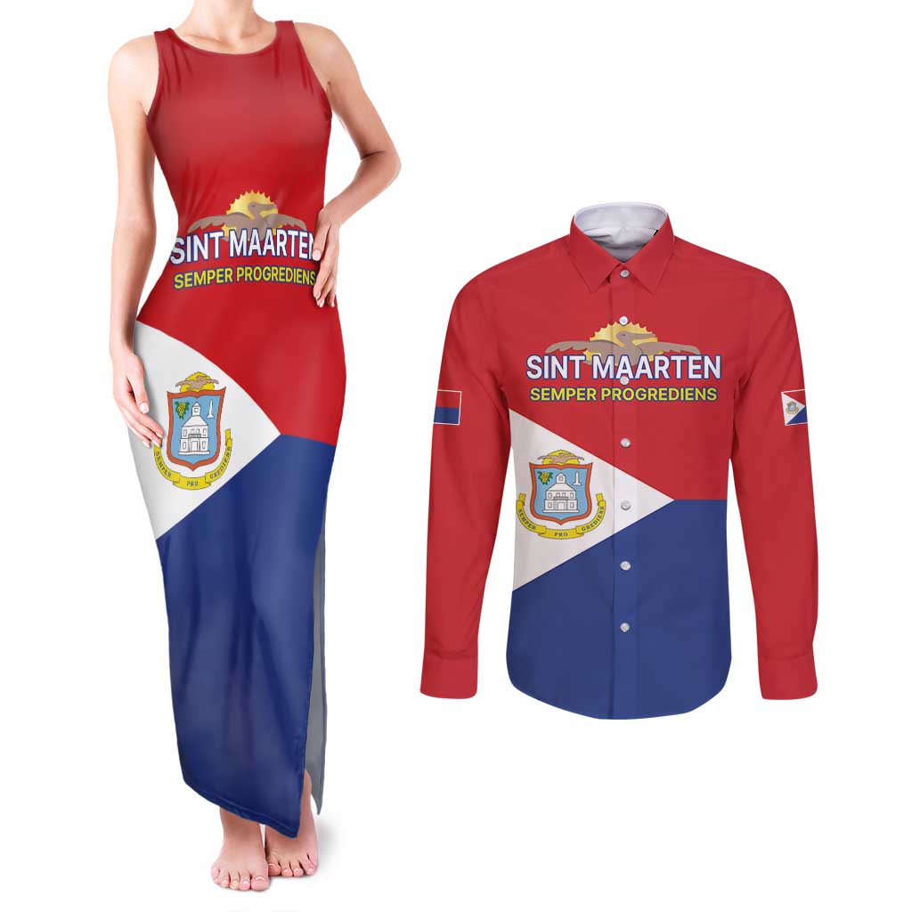Personalized Sint Maarten Flag day Couples Matching Tank Maxi Dress and Long Sleeve Button Shirt Semper progrediens Flag Style