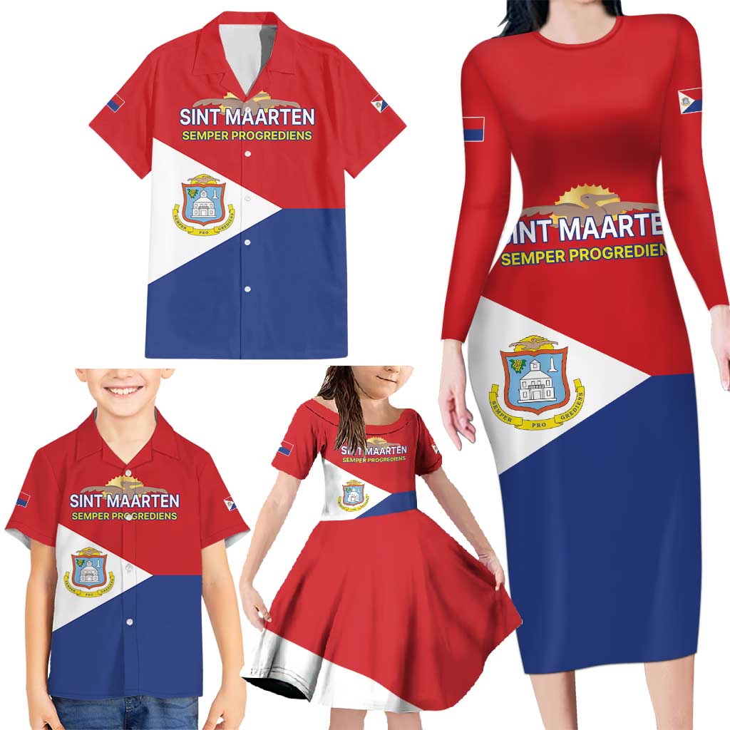 Personalized Sint Maarten Flag day Family Matching Long Sleeve Bodycon Dress and Hawaiian Shirt Semper progrediens Flag Style