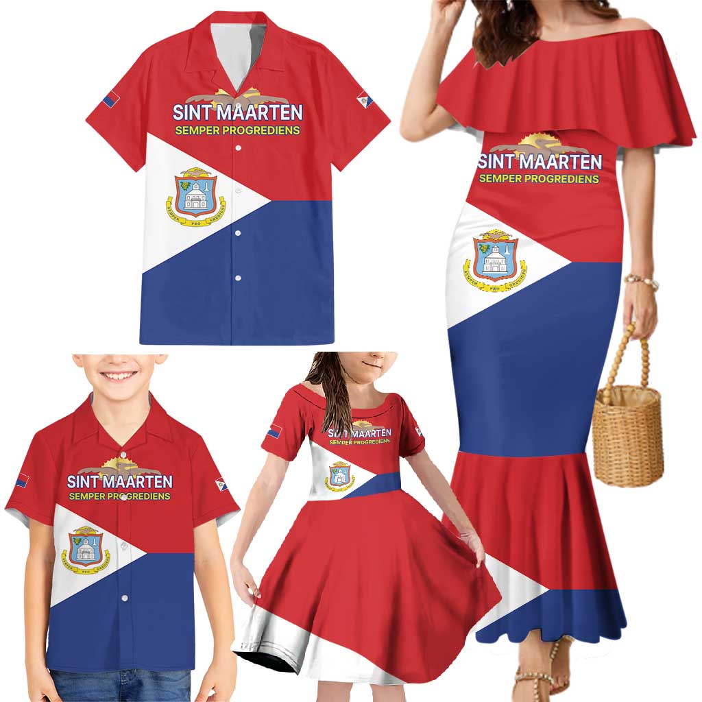 Personalized Sint Maarten Flag day Family Matching Mermaid Dress and Hawaiian Shirt Semper progrediens Flag Style