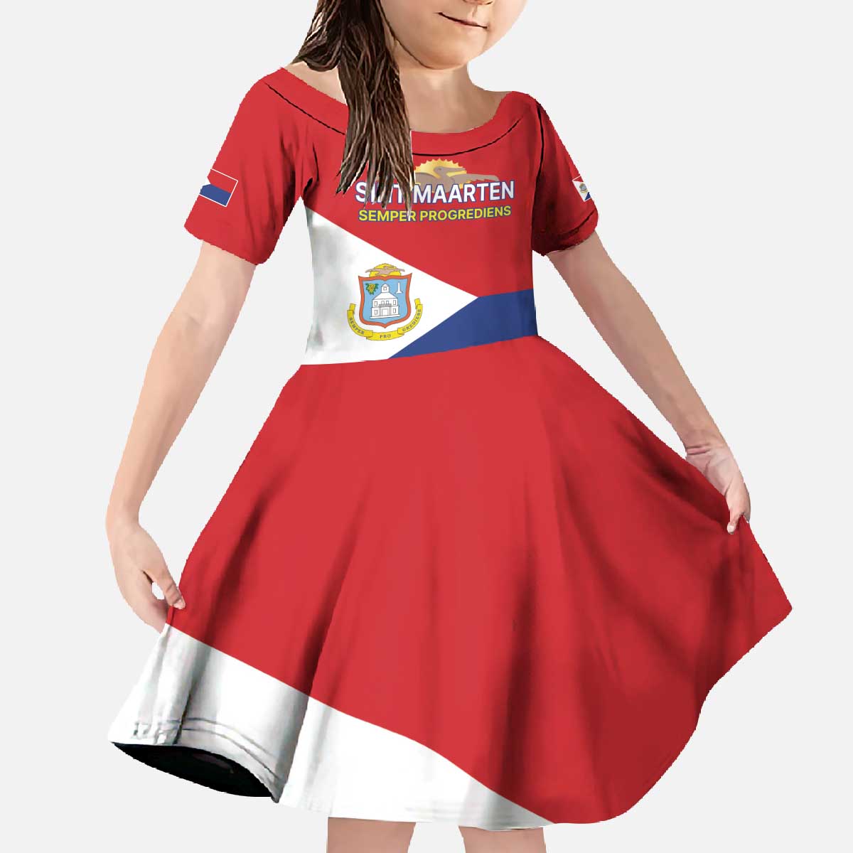 Personalized Sint Maarten Flag day Family Matching Off The Shoulder Long Sleeve Dress and Hawaiian Shirt Semper progrediens Flag Style