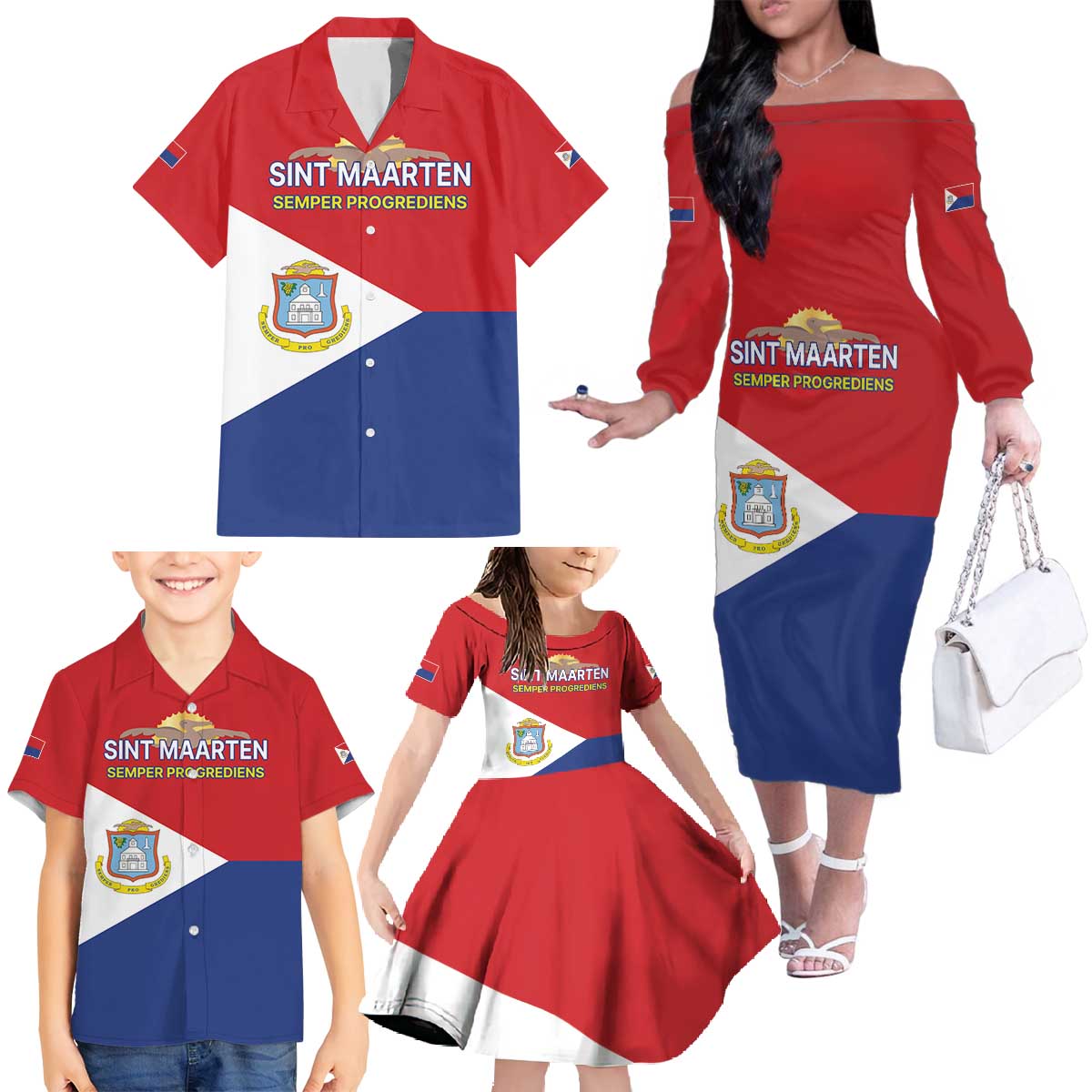 Personalized Sint Maarten Flag day Family Matching Off The Shoulder Long Sleeve Dress and Hawaiian Shirt Semper progrediens Flag Style