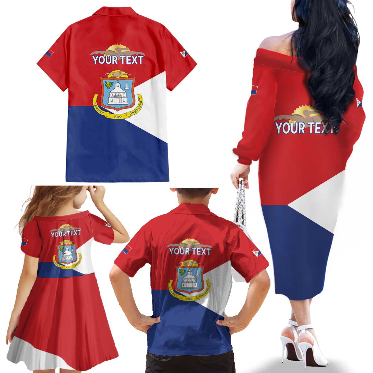 Personalized Sint Maarten Flag day Family Matching Off The Shoulder Long Sleeve Dress and Hawaiian Shirt Semper progrediens Flag Style