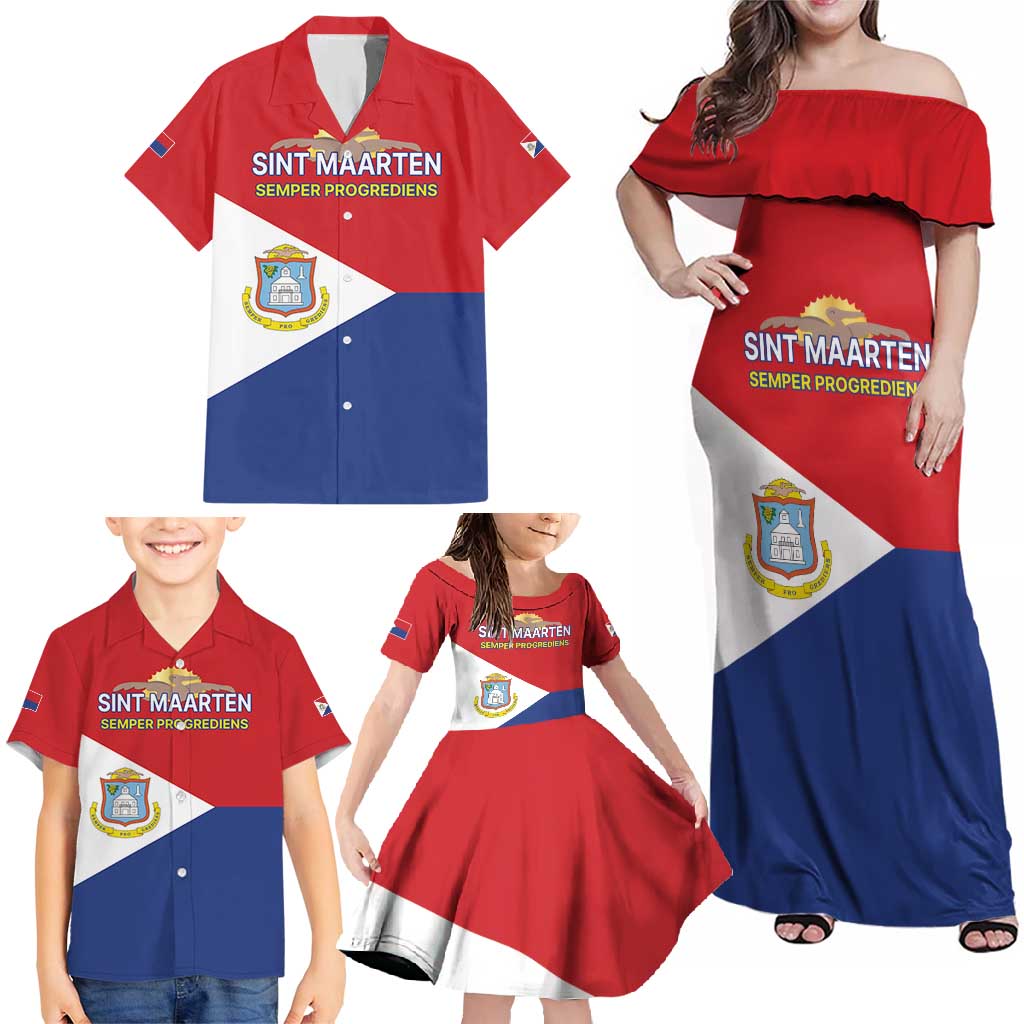 Personalized Sint Maarten Flag day Family Matching Off Shoulder Maxi Dress and Hawaiian Shirt Semper progrediens Flag Style
