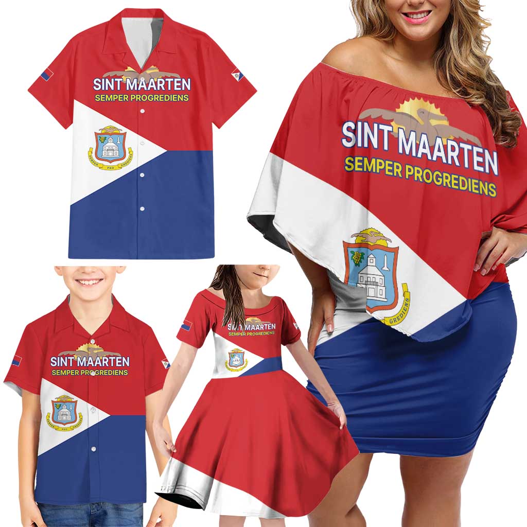 Personalized Sint Maarten Flag day Family Matching Off Shoulder Short Dress and Hawaiian Shirt Semper progrediens Flag Style
