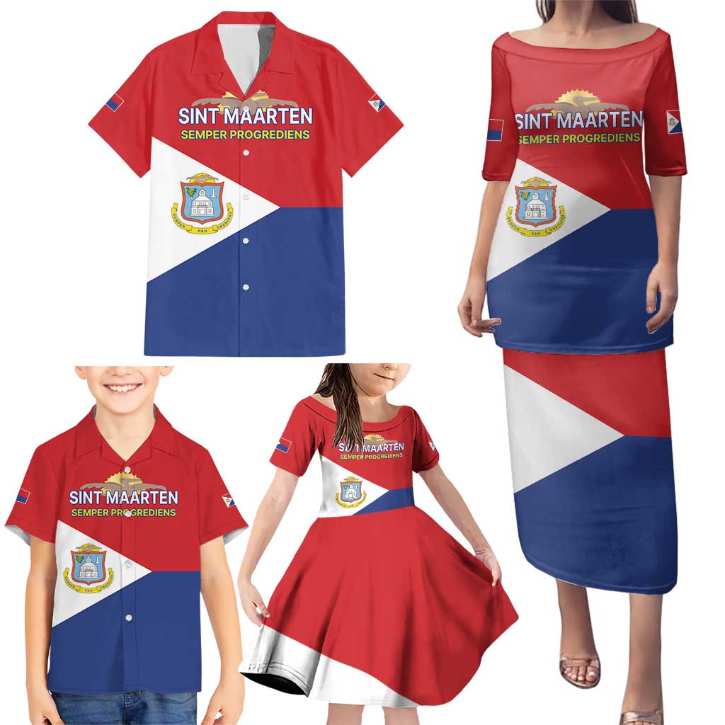 Personalized Sint Maarten Flag day Family Matching Puletasi and Hawaiian Shirt Semper progrediens Flag Style