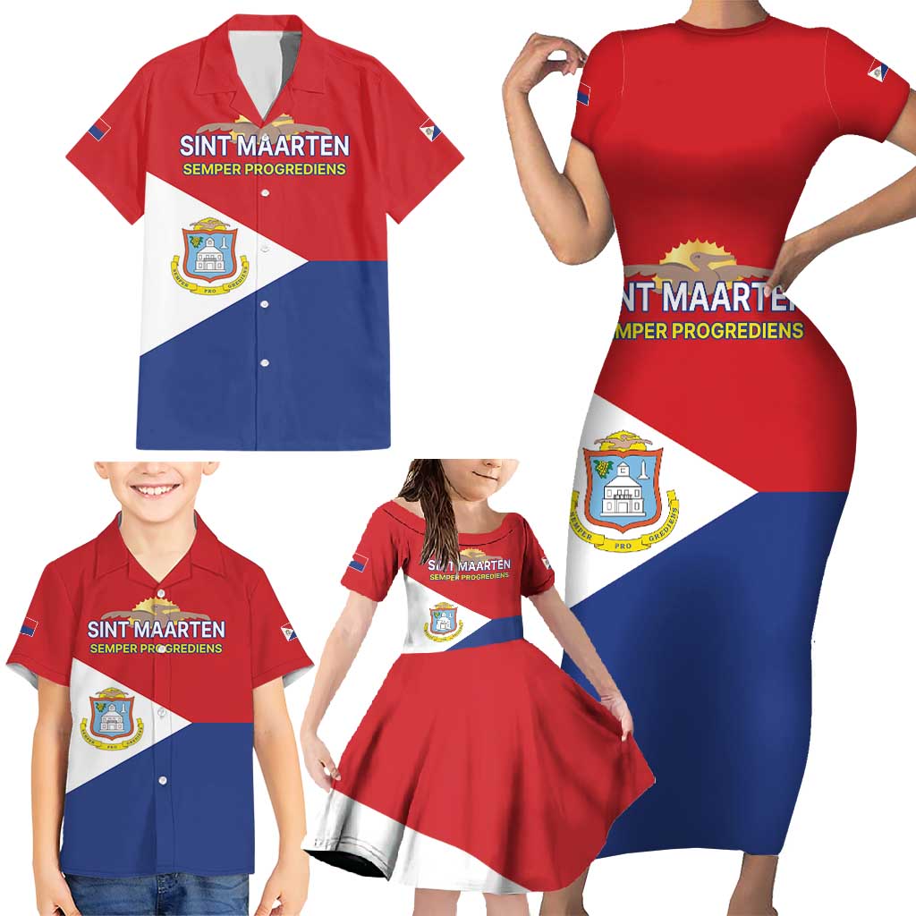 Personalized Sint Maarten Flag day Family Matching Short Sleeve Bodycon Dress and Hawaiian Shirt Semper progrediens Flag Style