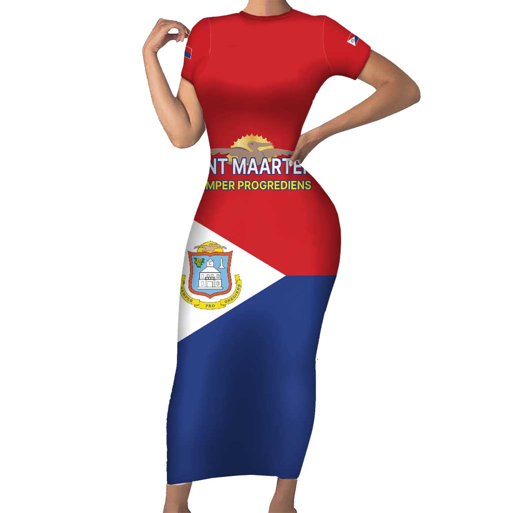 Personalized Sint Maarten Flag day Family Matching Short Sleeve Bodycon Dress and Hawaiian Shirt Semper progrediens Flag Style