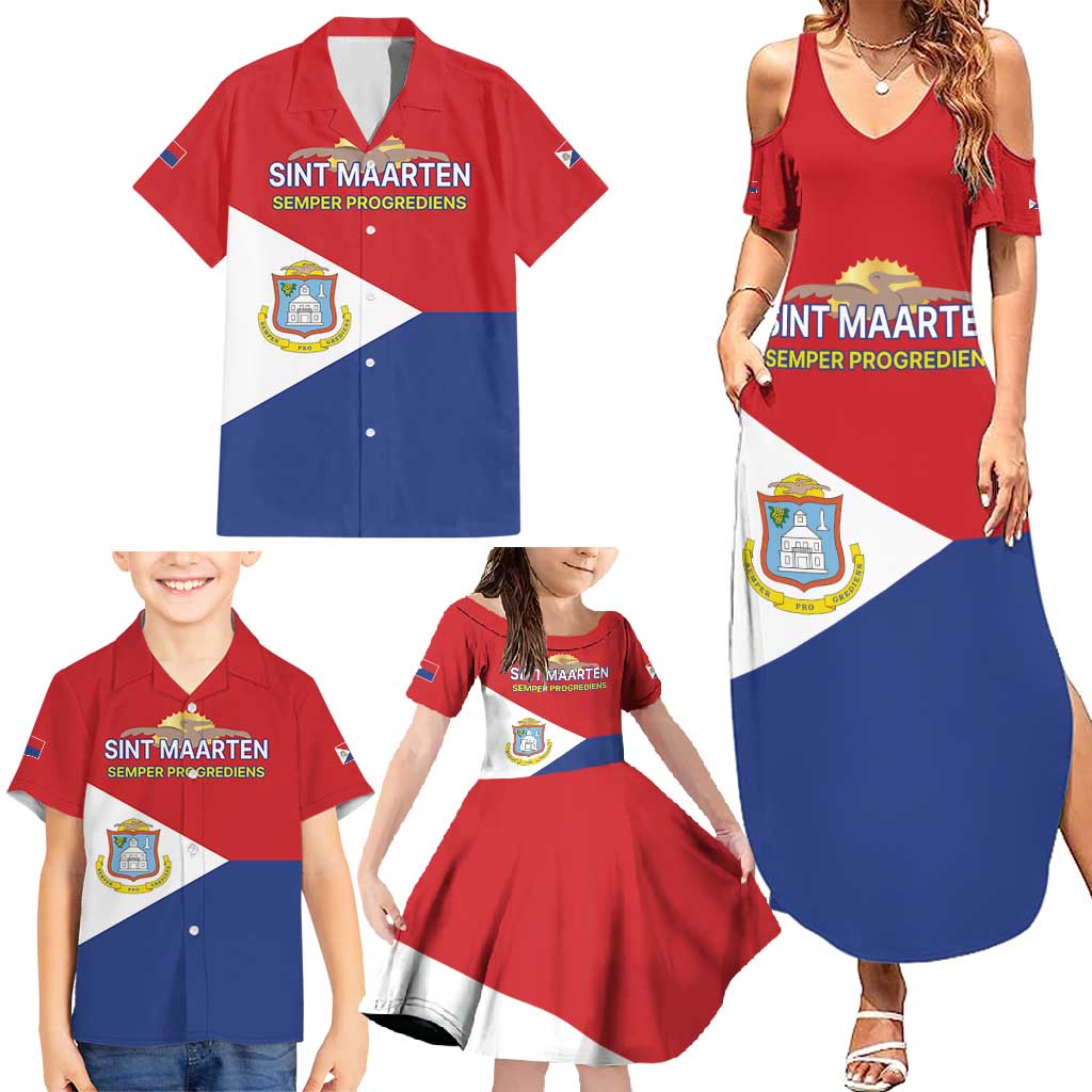Personalized Sint Maarten Flag day Family Matching Summer Maxi Dress and Hawaiian Shirt Semper progrediens Flag Style
