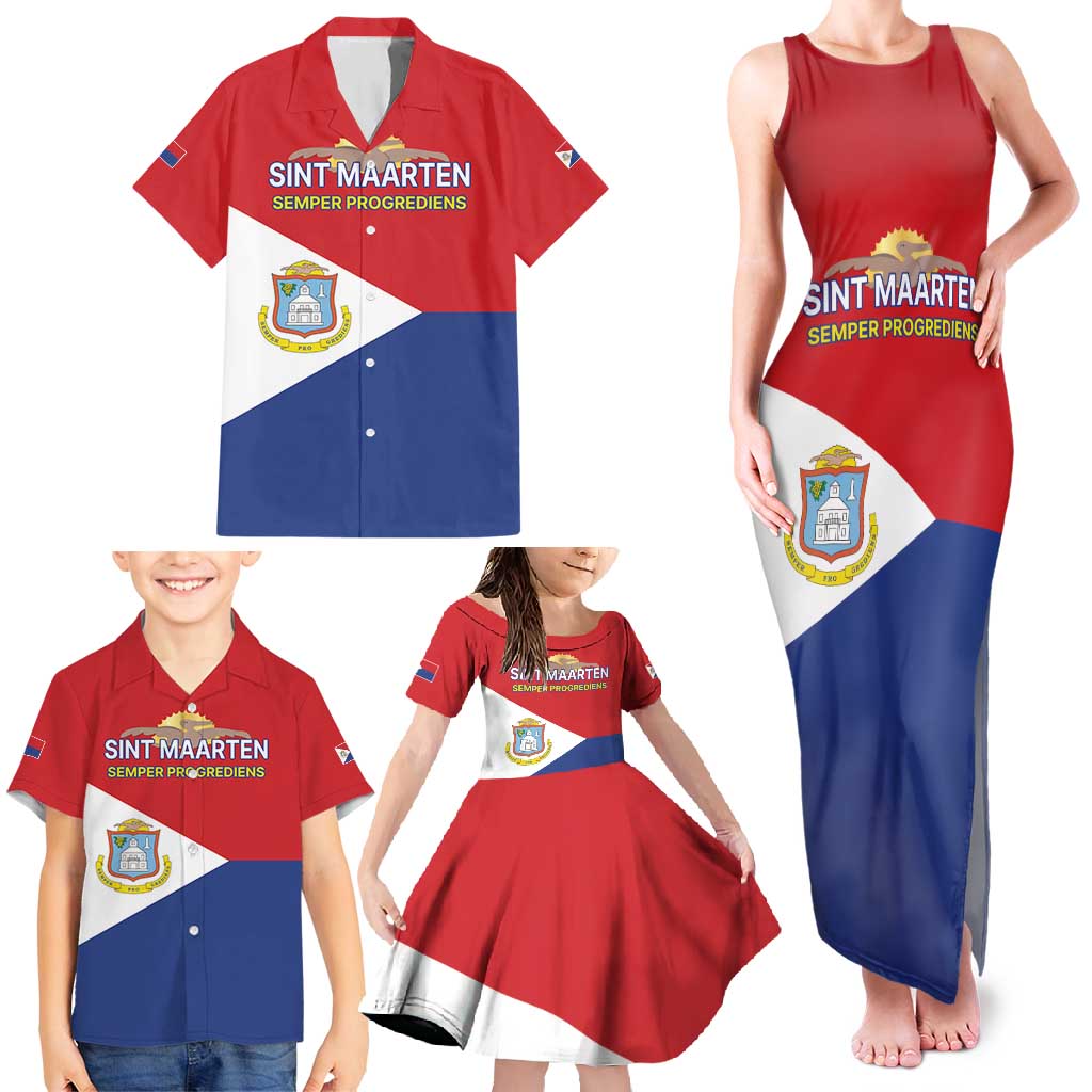 Personalized Sint Maarten Flag day Family Matching Tank Maxi Dress and Hawaiian Shirt Semper progrediens Flag Style