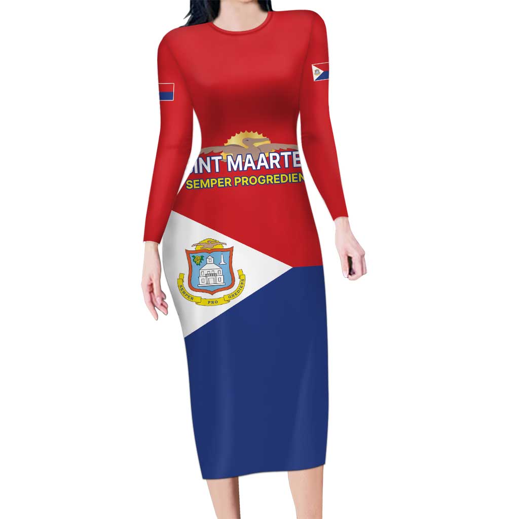 Personalized Sint Maarten Flag day Long Sleeve Bodycon Dress Semper progrediens Flag Style
