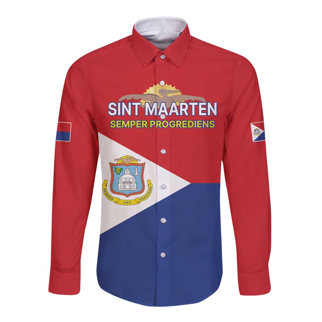 Personalized Sint Maarten Flag day Long Sleeve Button Shirt Semper progrediens Flag Style