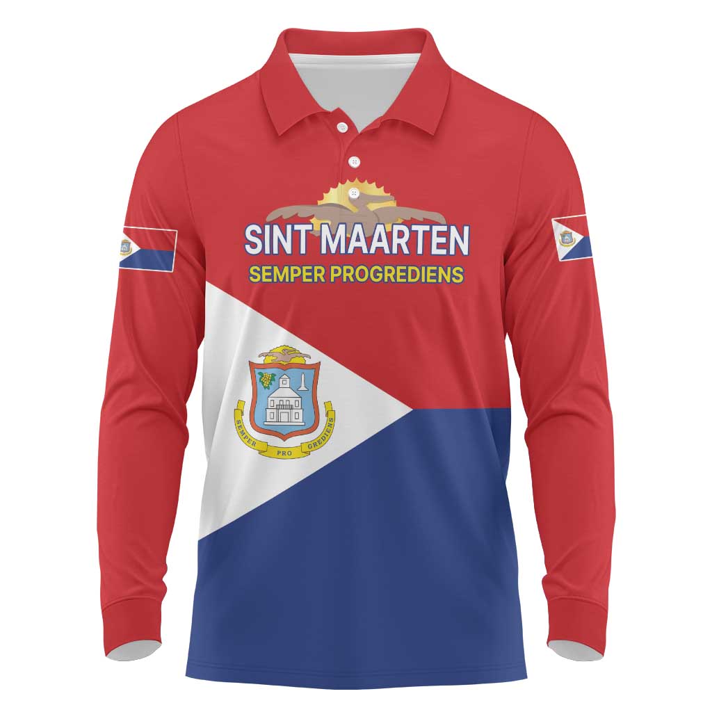 Personalized Sint Maarten Flag day Long Sleeve Polo Shirt Semper progrediens Flag Style