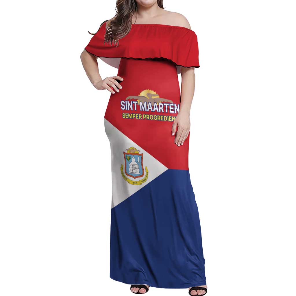 Personalized Sint Maarten Flag day Off Shoulder Maxi Dress Semper progrediens Flag Style
