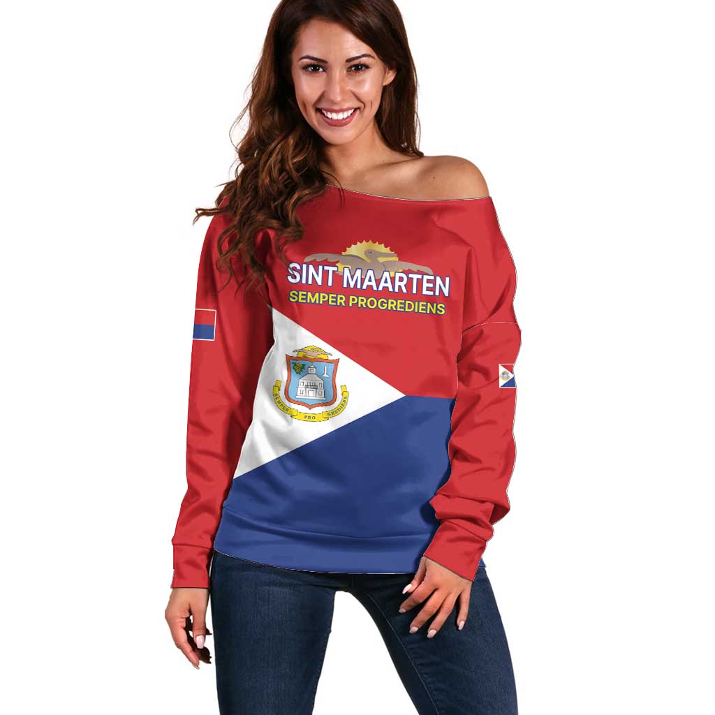 Personalized Sint Maarten Flag day Off Shoulder Sweater Semper progrediens Flag Style