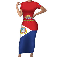 Personalized Sint Maarten Flag day Short Sleeve Bodycon Dress Semper progrediens Flag Style