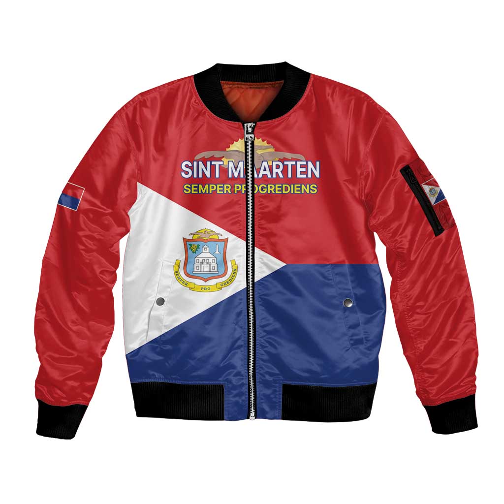 Personalized Sint Maarten Flag day Sleeve Zip Bomber Jacket Semper progrediens Flag Style