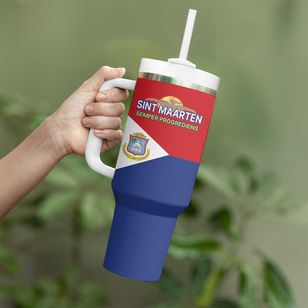 Personalized Sint Maarten Flag day Tumbler With Handle Semper progrediens Flag Style