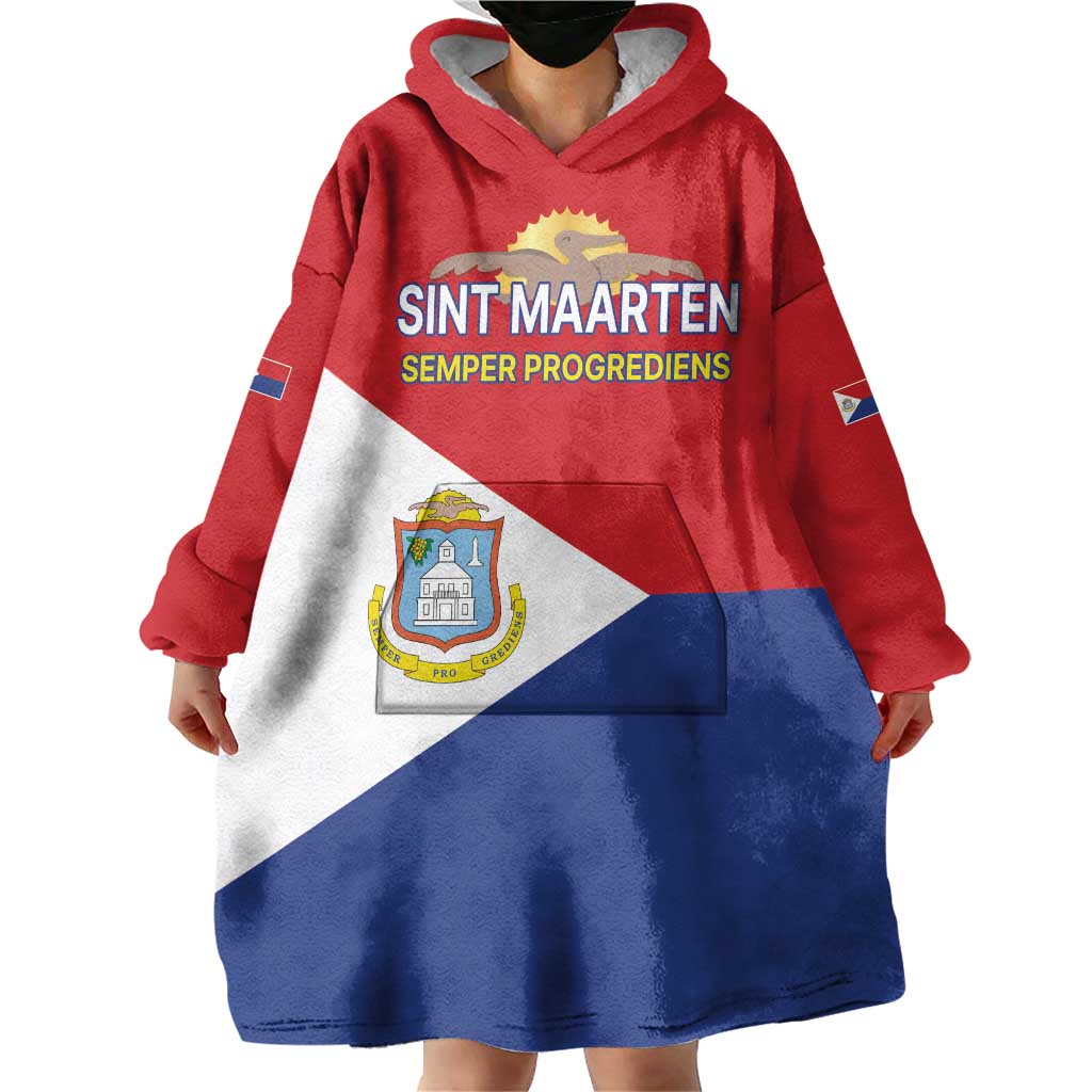 Personalized Sint Maarten Flag day Wearable Blanket Hoodie Semper progrediens Flag Style