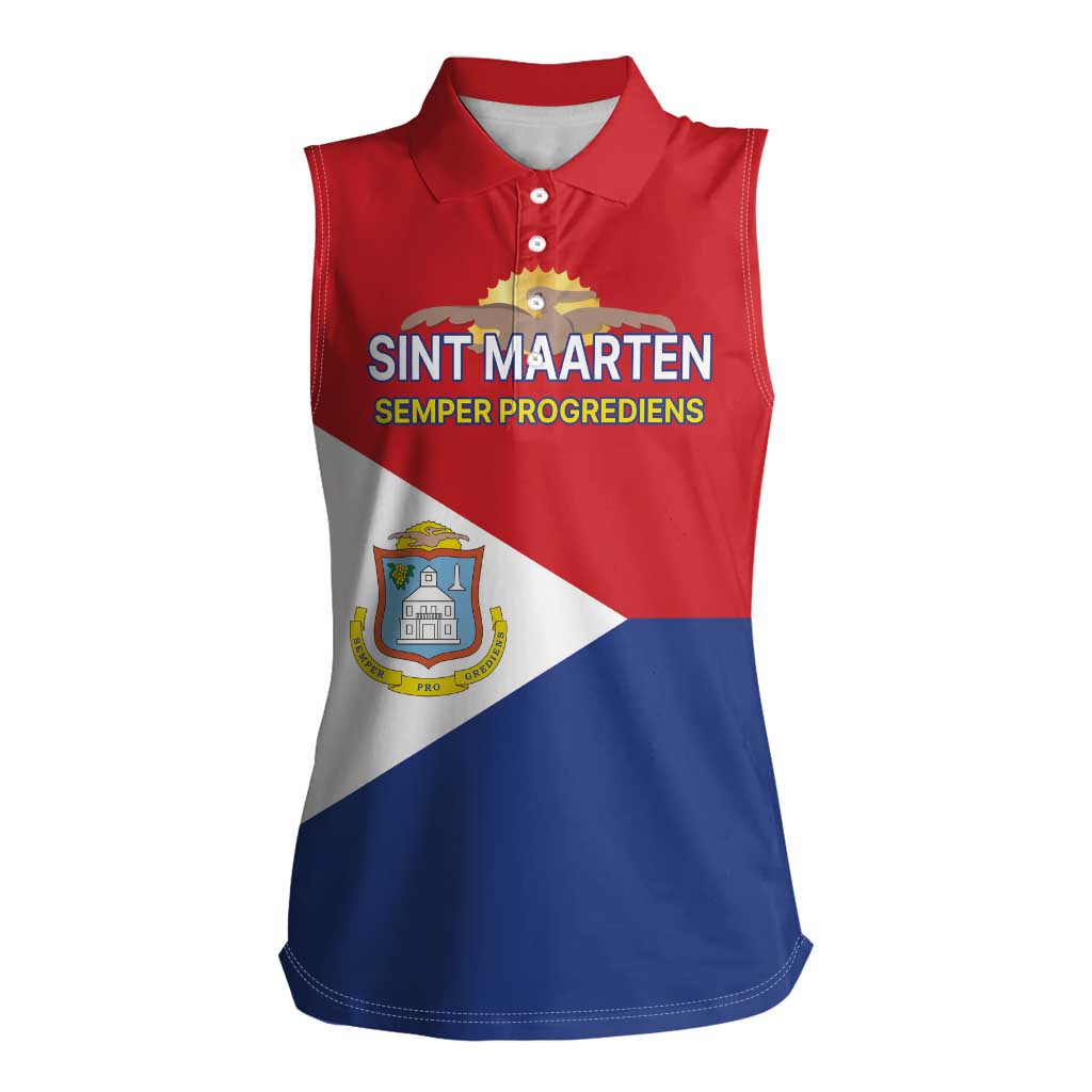 Personalized Sint Maarten Flag day Women Sleeveless Polo Shirt Semper progrediens Flag Style