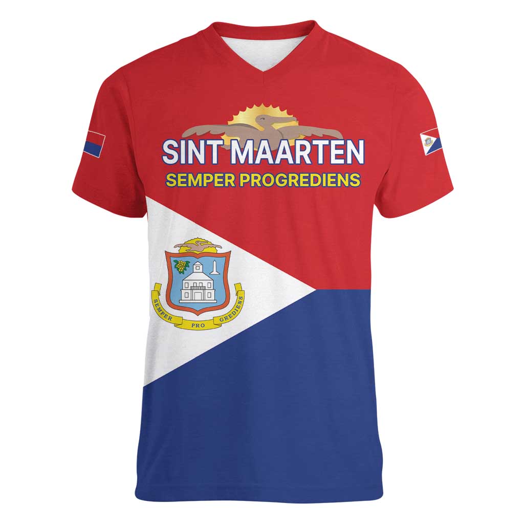 Personalized Sint Maarten Flag day Women V-Neck T-Shirt Semper progrediens Flag Style