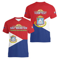 Personalized Sint Maarten Flag day Women V-Neck T-Shirt Semper progrediens Flag Style