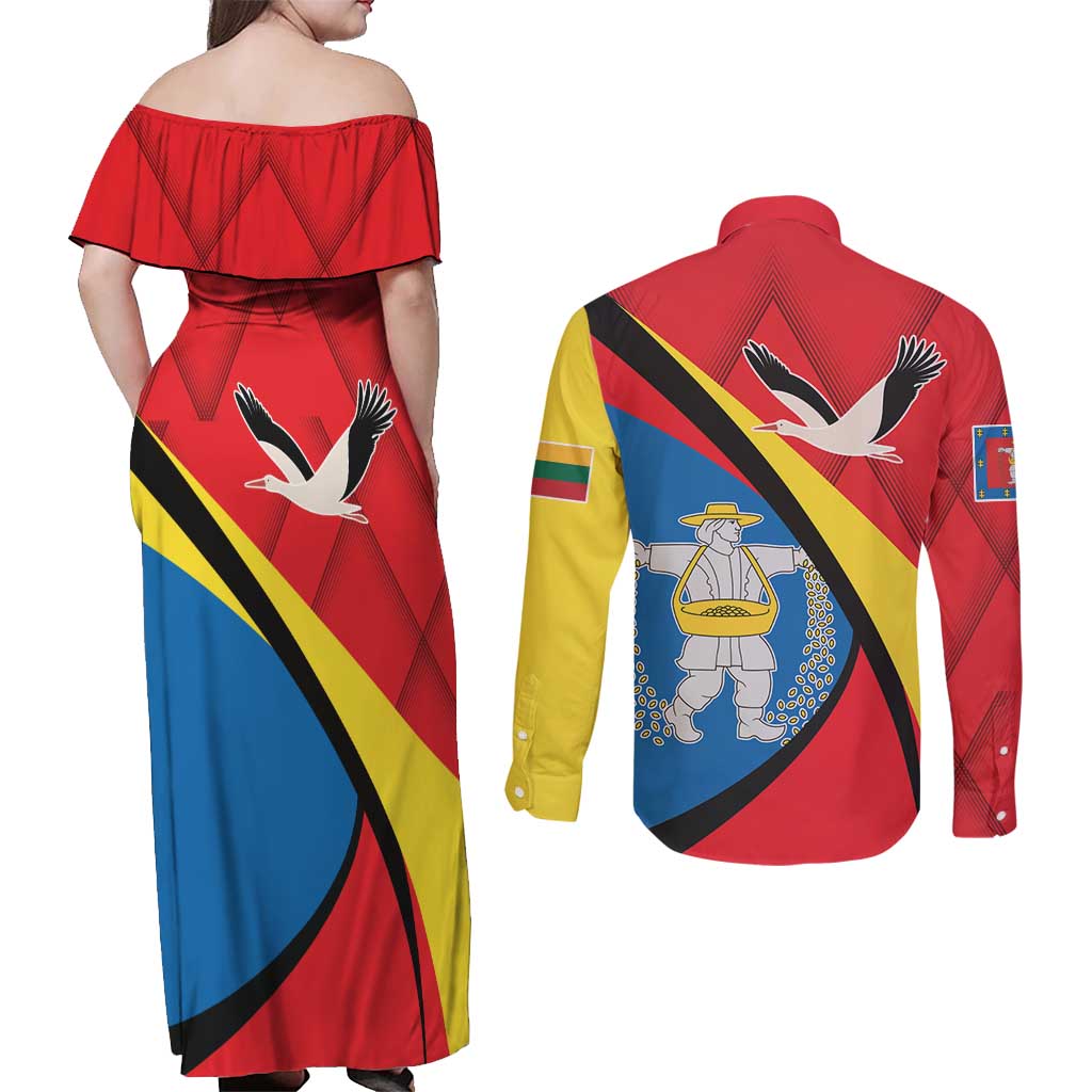 Lithuania Marijampole County Couples Matching Off Shoulder Maxi Dress and Long Sleeve Button Shirt Marijampoles apskritis