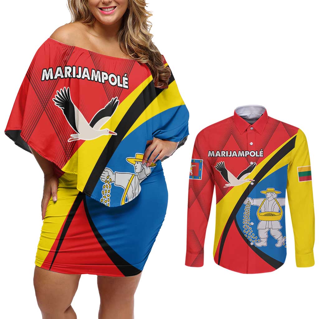 Lithuania Marijampole County Couples Matching Off Shoulder Short Dress and Long Sleeve Button Shirt Marijampoles apskritis