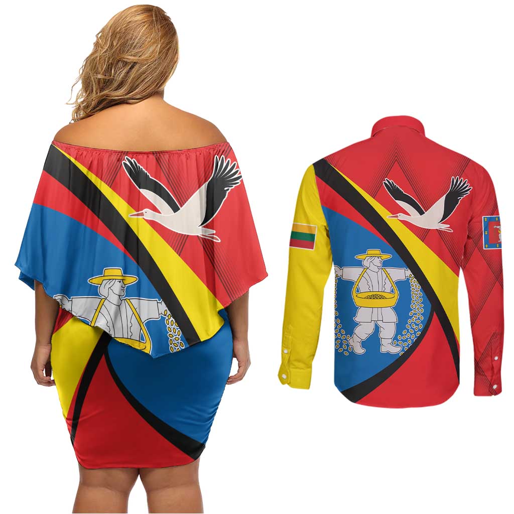 Lithuania Marijampole County Couples Matching Off Shoulder Short Dress and Long Sleeve Button Shirt Marijampoles apskritis