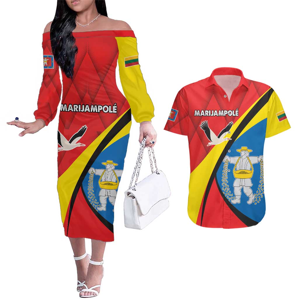 Lithuania Marijampole County Couples Matching Off The Shoulder Long Sleeve Dress and Hawaiian Shirt Marijampoles apskritis