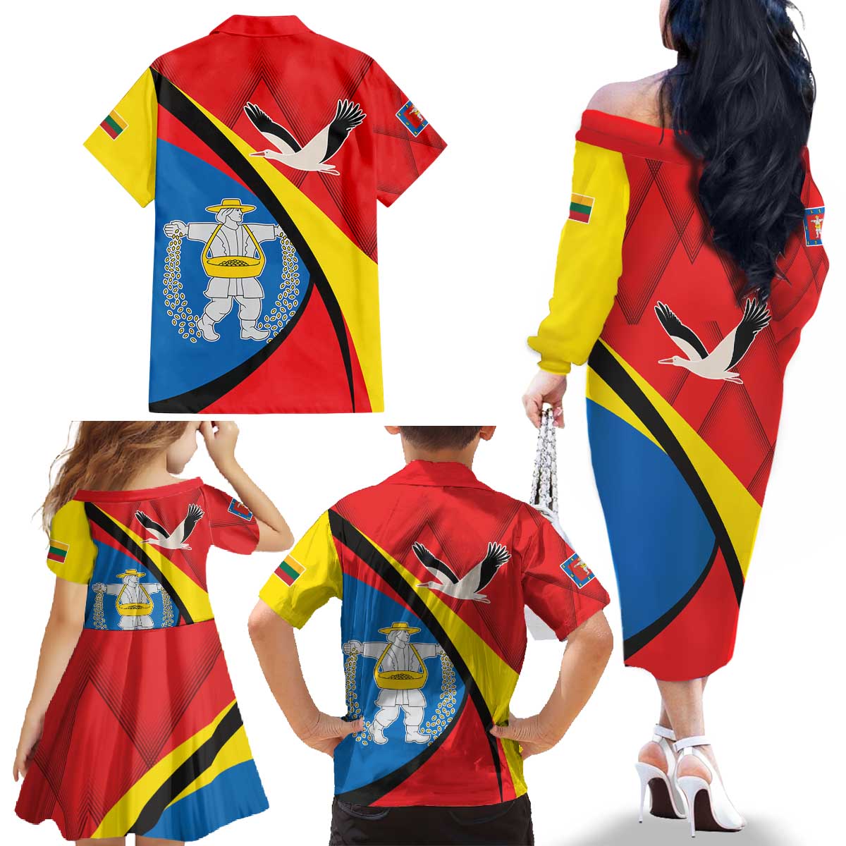 Lithuania Marijampole County Family Matching Off The Shoulder Long Sleeve Dress and Hawaiian Shirt Marijampoles apskritis